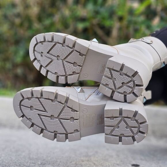 Women's Grey Pyramid Stud Ankle Combat Boot - Picture 4 of 5